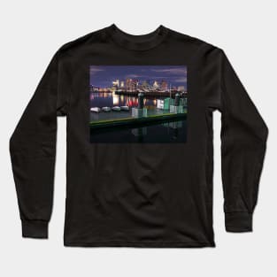 The Boston Skyline lit up for Christmas Boats Long Sleeve T-Shirt